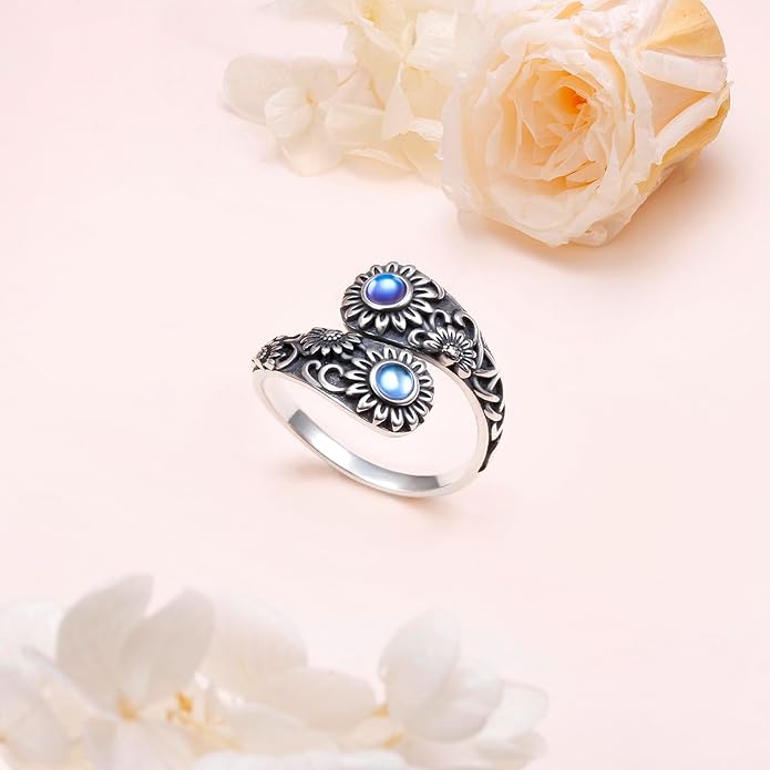 925 Sterling Silver Hummingbird/Sunflower Turquoise/Moonstone/Lily of the Valley Flower Spoon Ring Adjustable Open Ring Statement Thumb Ring Jewelry for Women