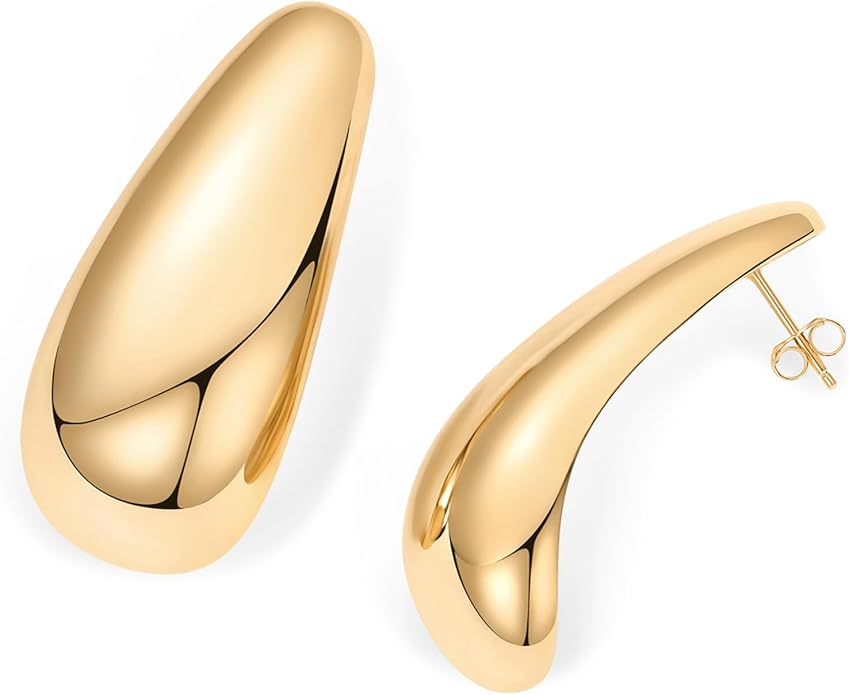 PAVOI 14K Gold Plated 925 Sterling Silver Posts Statement Earrings for Women - Geometric Dome Teardrop Drop Dangle Hoop Chunky Gold Earrings