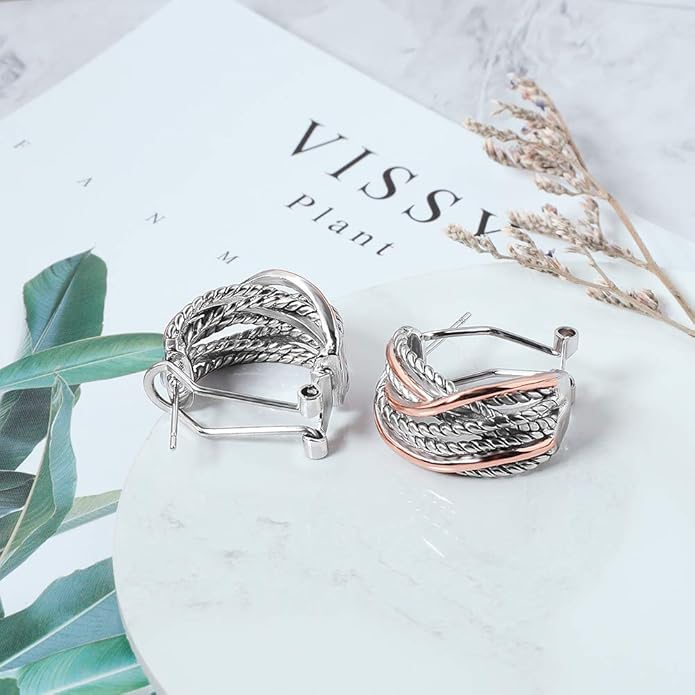 Mytys Two Tone Huggie Hoop Earrings Cross Over Design Twisted Rope Silver Gold Statement Wide Band Clip On Hoops for Women Fashion Jewelry Gift