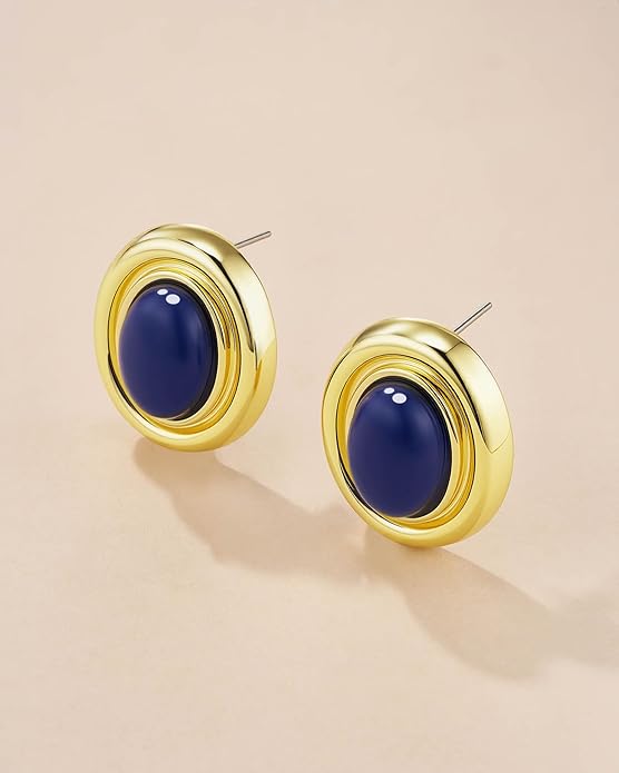 18K gold plated Medium Oval Button Chunky Statement Earrings for Women by SNGIA, (Turquoise, Carnelian, Aventurine, Amethyst, Malachite, Cat Eye, White, Cream) Bold Handmade Colored (Red, Blue, Green, White, Cream, Purple) Exaggerated Dome Retro Rounde...