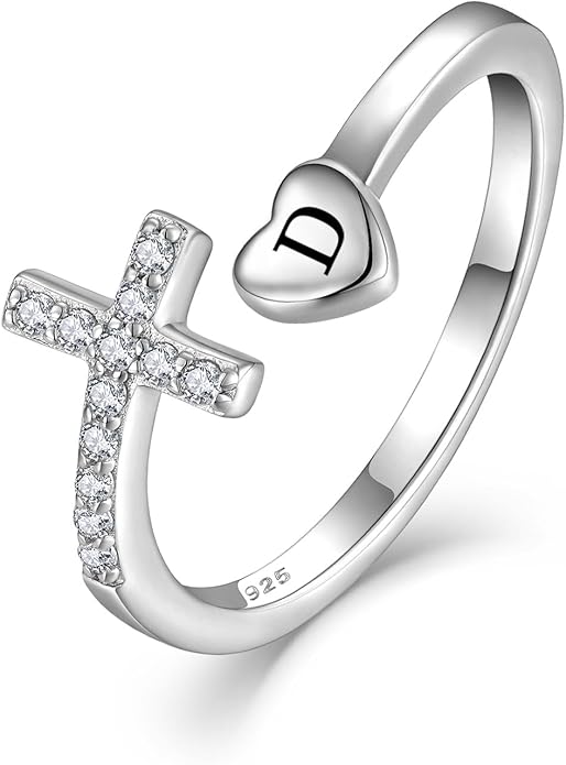 STARCHENIE Cross Initial Ring for Women 925 Sterling Silver Letters A-Z 26 Alphabet Adjustable Ring Size 7