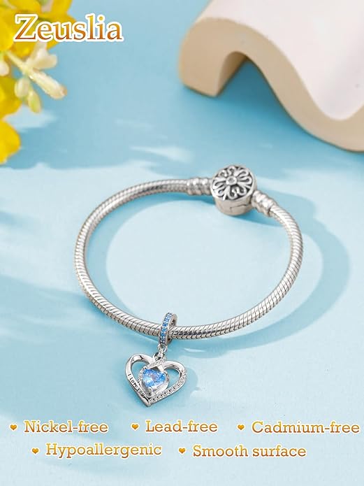 Heart Birthstone Charms for Bracelets, 925 Sterling Silver Women Bead Charms for Charm Bracelets Necklace, Mother's Day Birthday Anniversary Jewelry Gifts for Wife Mom Grandma Daughter
