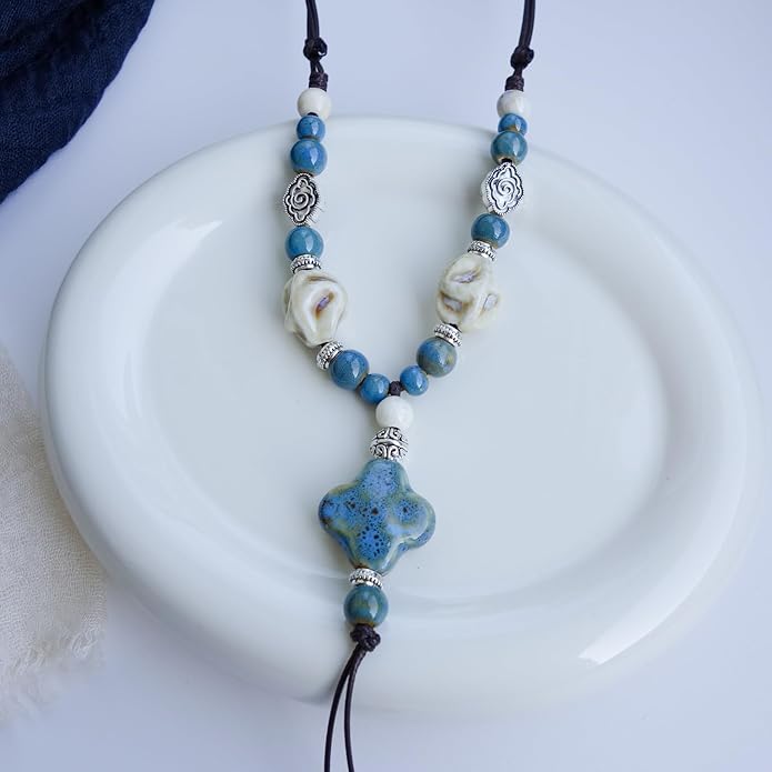 Boho Style Colorful Ceramic Bead Strand Necklace Adjustable Bohemian Jewelry Gift for Women, Fashion Clothing Matching Necklace