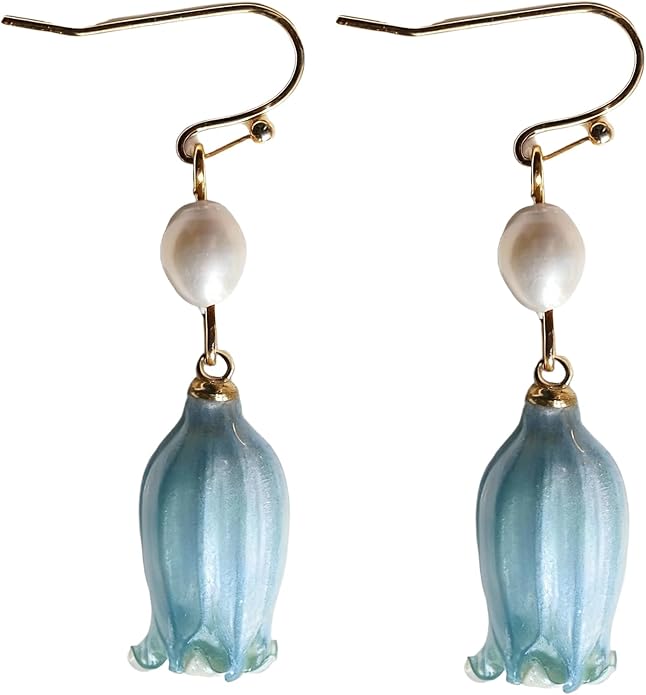 All natural delicate Campanula flowers paired with pearl drop earrings are handmade and unique，Vintage-Style Pearl Drop Earrings, Blue Glass Bell Flower Design, Gold-Tone Hooks，Real Preserved Bellflower & Freshwater Drop Earrings | Handmade Hypoallerge...