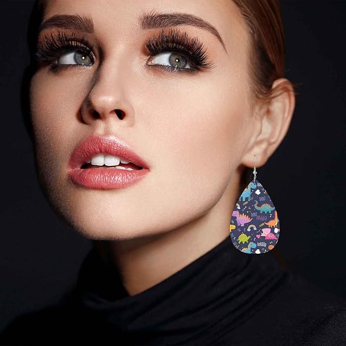 Dinosaur Leather Earrings For Women Cartoon Jungle Dinosaurs Rainbow Pattern Lightweight Water Drop Earrings Fashion Jewelry Teardrop Earrings For Friends