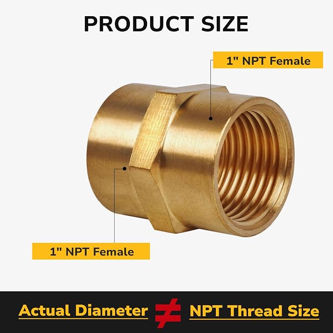 1" to 1" NPT Female Coupler, Brass Coupler Adapter, Corrosion Resistant Hex - Image 2