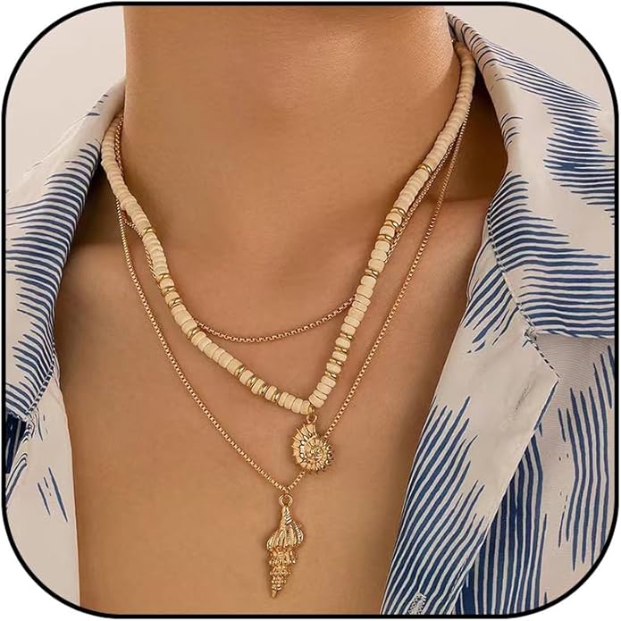 Gold Sea Shell Necklace Layered Charm Necklace for Women Boho Summer Seashell Beach Starfish Necklaces 14k Pearl Chain Surfer Jewelry Beach Vacation Essentials