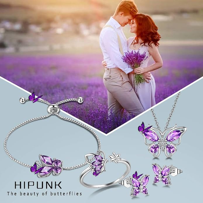 925 Sterling Silver Birthstone Butterfly Jewelry Women Crystal Animal Cute Butterflies Birthday Necklace/Earring/Ring/Bracelet Sets Birth Stone Statement Anniversary Jewellery