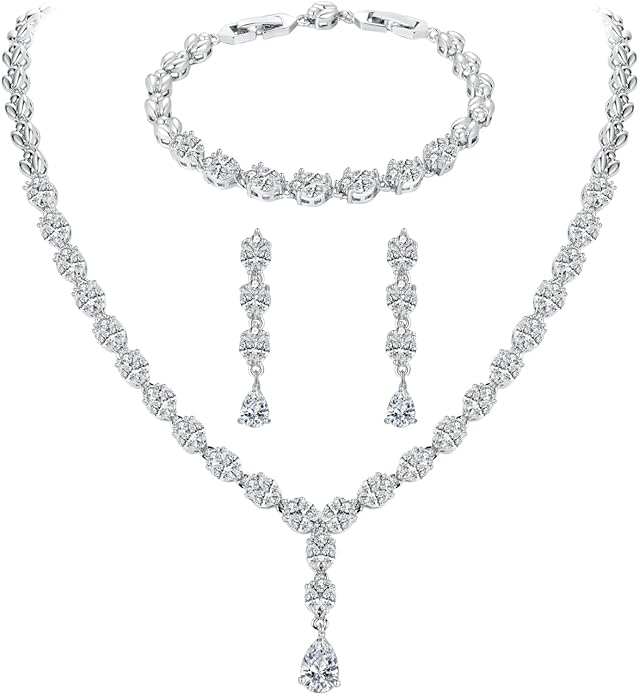 Hadskiss Jewelry Set for Women, Necklace Dangle Earrings Bracelet Set with White AAA Cubic Zirconia, Allergy Free Wedding Party Jewelry for Bridal Bridesmaid