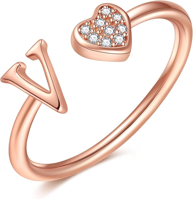 Valentines Day Gift Initial Rings for Teen Girls - S925 Heart Sterling Silver Rings for Teen Girls | 14K Gold/Rose Gold/Sterling Silver Plated Ring for Girls Kids Women Ring for Teenager Girls Gifts Adjustable, No Tarnish, Hypoallergenic