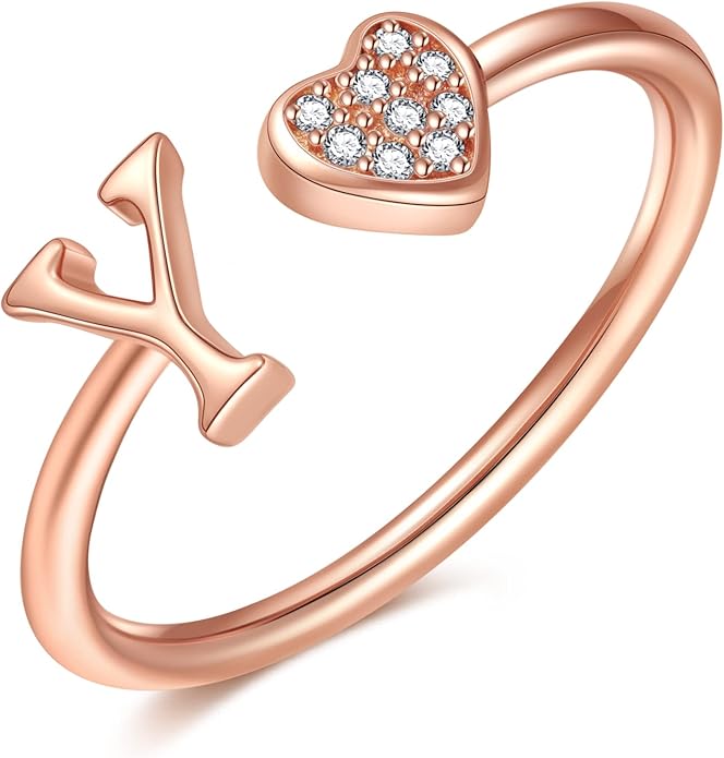 Valentines Day Gift Initial Rings for Teen Girls - S925 Heart Sterling Silver Rings for Teen Girls | 14K Gold/Rose Gold/Sterling Silver Plated Ring for Girls Kids Women Ring for Teenager Girls Gifts Adjustable, No Tarnish, Hypoallergenic