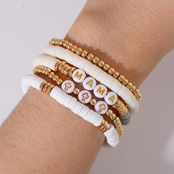 GOOJIDS Surfer Heishi Clay Bead Bracelets for Women Bohemian Stackable Gold Plated Beaded Stretch Bracelets Elastic Layering Friendship Bracelets Set Boho Jewelry