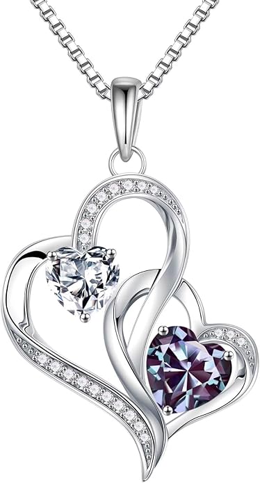 Iefil Valentines Day Gifts for Her - 925 Sterling Silver Double Birthstone Necklace, Heart Necklaces for Women, Anniversary Birthday Gifts, Personalized Jewelry Gift for Wife Mom Girlfriend