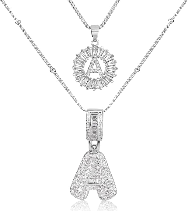 Initial Letter Necklace for Women 14k White Gold Silver Plated Dainty Necklaces Trendy Chunky Custom Layered Necklace Set Personalized Round Circle Zirconia A-Z Letter Chain Pendant Jewelry Gift