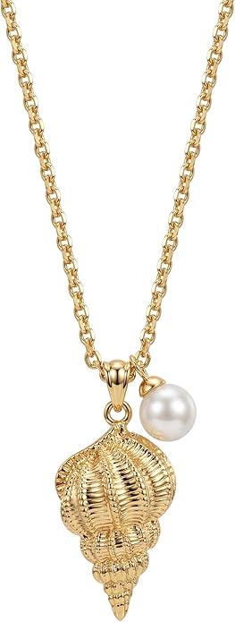 MEVECCO Dainty Gold Pendent Necklace for Women 18K Gold Plated Pearl CZ Starfish Seashell Conch Star Crab Boho Handmade Ocean Chain Necklace Summer Beach Jewelry Gift