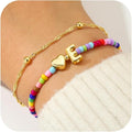 Ursteel Valentines Day Gifts for Kids Teen Girls - 14K Gold Plated Beaded Letter A-Z Bracelet, Layered Stretch Initial Bracelets, Women Trendy Bohemian Jewelry Birthday Gifts