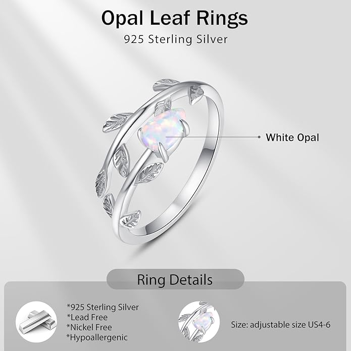 PRAYMOS 925 Sterling Silver Leaf Ring White Opal Moonstone Rings Adjustable Open Ring for Women with Jewelry Box Size 7-9
