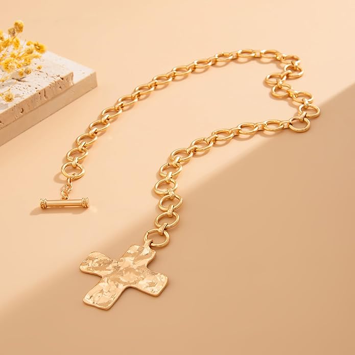 18k Gold Chunky Cross Necklace for Women Hammered Cross Choker Necklaces Bold Statement Necklace Trendy Jewelry