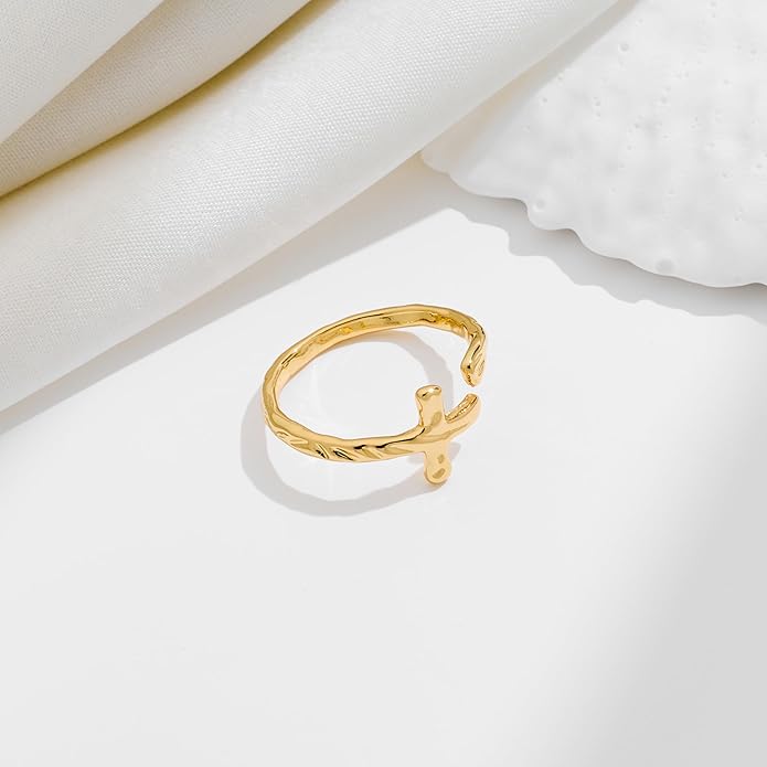 Cross Ring for Women 14 Gold Plated Hammered Texture Open Ring Size Adjustable Dainty Faith Christian Jewelry Gifts