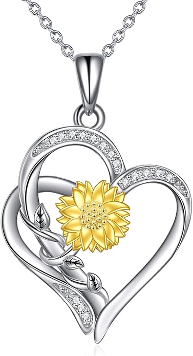 ZBA Natural Diamond Sunflower Heart Necklace for Women 18K Gold Plated Sterling Silver Sunflower Heart Pendant Necklace Jewelry Christmas Gifts for Mom(Color FG Clarity SI2SI3)