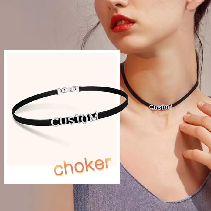 Custom4U Personalized Black Leather Choker Necklace with Picture/Name/Initials/Letters Charm,Custom Made Adjustable Choker Collar Gothic Punk Necklaces Jewelry Gifts for Women
