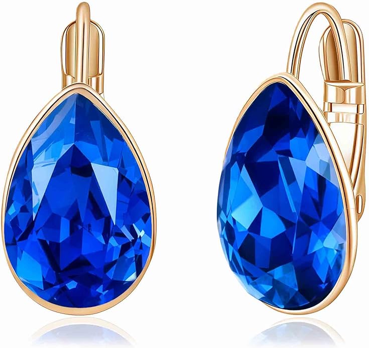 Teardrop Austrian Crystal Leverback Drop Earrings for Women 14K Rose Gold Plated Hypoallergenic Jewelry