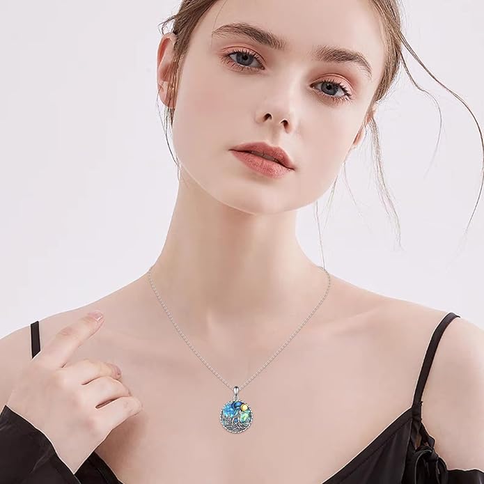YFN Wolf Necklace Gifts for Men Women Sterling Silver Opal Moon Wolfs Jewelry Birthday 18+2"