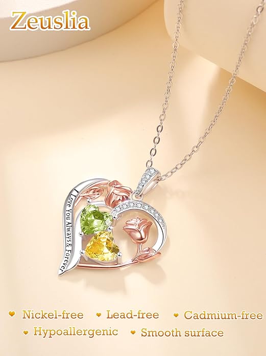 Valentine's Day Gifts for Wife 925 Sterling Silver Double Birthstone Pendant Necklaces I Love You for Always and Forever Necklace Anniversary Birthday Gifts for Wife Girlfriend Mom Her