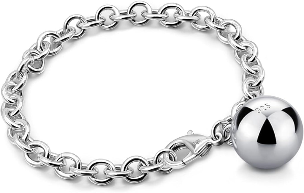 Dankadi Women 925 Sterling Silver Round Cable Wire Link Bracelet Charm Heart-Bell-Square-Circle Pendant Chain Bangle Fine Jewelry Gift For Wife Her
