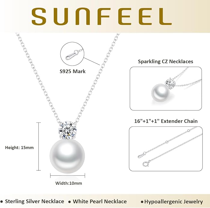 SUNFEEL 925 Sterling Silver Pearl Necklaces for women 14K Gold Plated 5A CZ 10MM/12MM Single Pearl Pendant Necklace Gifts for Her Mom Wife Girlfriend Engagement Wedding Birdal Christmas Trendy Jewelry
