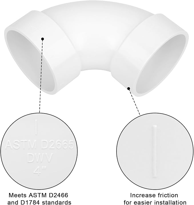 4" PVC DWV Sanitary 90-Degree Elbow White SCH40 4" PVC DWV 90° Elbow Pipe - Image 4