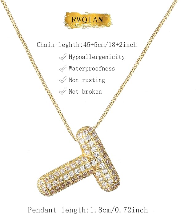 RWQIAN Letter Necklace for Women Bubble, Chunky Initial Alphabet A-Z Pendant Puffy Name Personalized Necklace Dainty Zircon CZ Fashion Jewelry Gifts for Girls Girlfriend