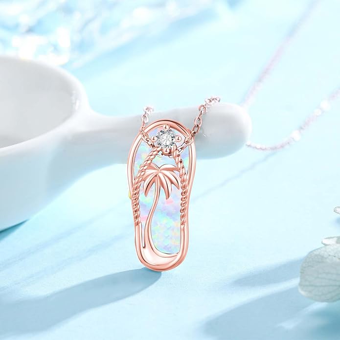 Midir&Etain Ocean Necklace 925 Sterling Silver Blue Opal Necklace Starfish/Flip Flop/Shark Pendant Beach Ocean Jewelry for Women
