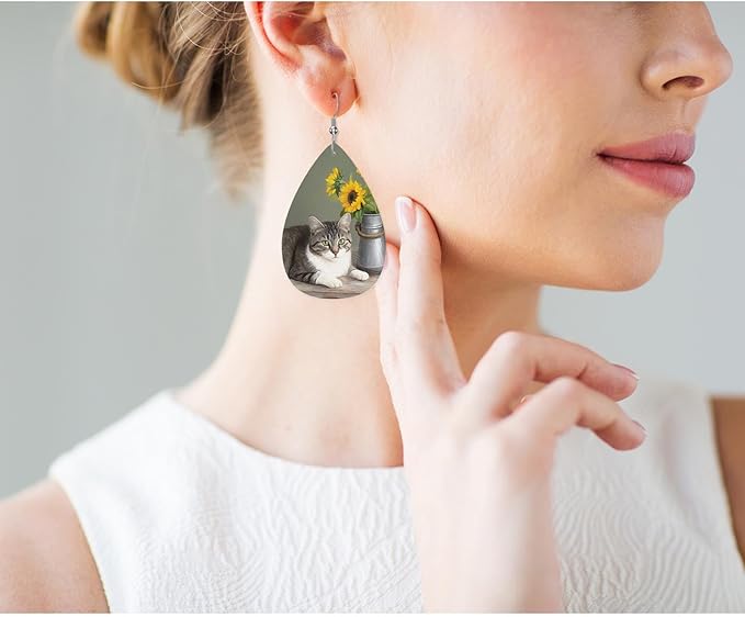 Cat Fashion Faux Leather Earrings Cute Cat Kitten Pet Sunflower Florals Wedding Teardrop Earrings Jewelry For Women Friends Bridal