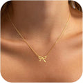 Valentines Day Gifts for Her - Dainty Bow Necklace for Women 14K Gold Plated Cute Choker Small Pendant Charm Necklaces Teen Gift Trendy Stuff Personalized Jewelry