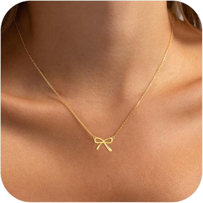 Valentines Day Gifts for Her - Dainty Bow Necklace for Women 14K Gold Plated Cute Choker Small Pendant Charm Necklaces Teen Gift Trendy Stuff Personalized Jewelry