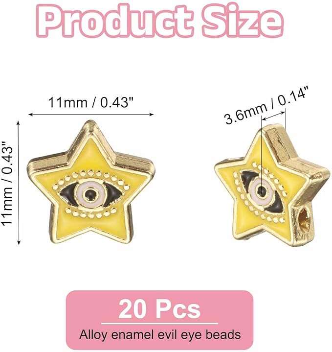 MECCANIXITY 20 Pcs Star Evil Eye Beads Colorful Flat Loose Spacer Evil Eye Charms for DIY Bracelet Earrings Necklace Crafts Jewelry Making, Yellow