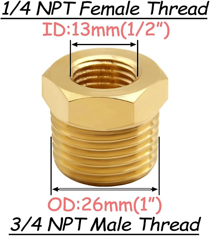 Uenede Brass 3/4" NPT Male to 1/4" NPT Female Reducer Bushing - Image 2