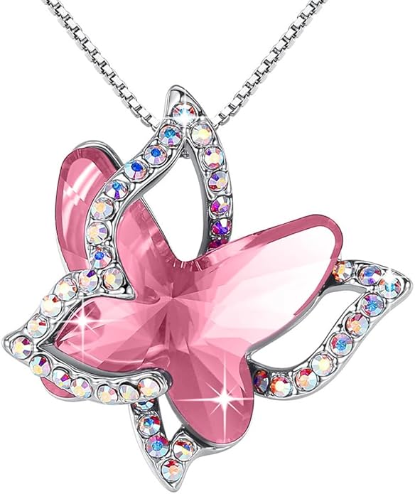 Valentine's Day Gift Butterfly Birthstone Crystal Necklace, Silver Tone with 18”+2” Chain, Necklace for Mother’s Day Anniversary Birthday Gifts for Women and Daughter