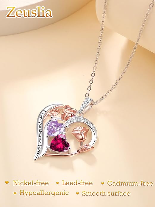 Valentine's Day Gifts for Wife 925 Sterling Silver Double Birthstone Pendant Necklaces I Love You for Always and Forever Necklace Anniversary Birthday Gifts for Wife Girlfriend Mom Her