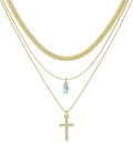 3Pcs Gold Layered Necklaces for Women, 14K Gold Plated Cross Necklace, Dainty Birthstone Necklace for Women, Herringbone Gold Necklaces Set, Stackable Women's Gold Pendant Necklaces Jewelry Set