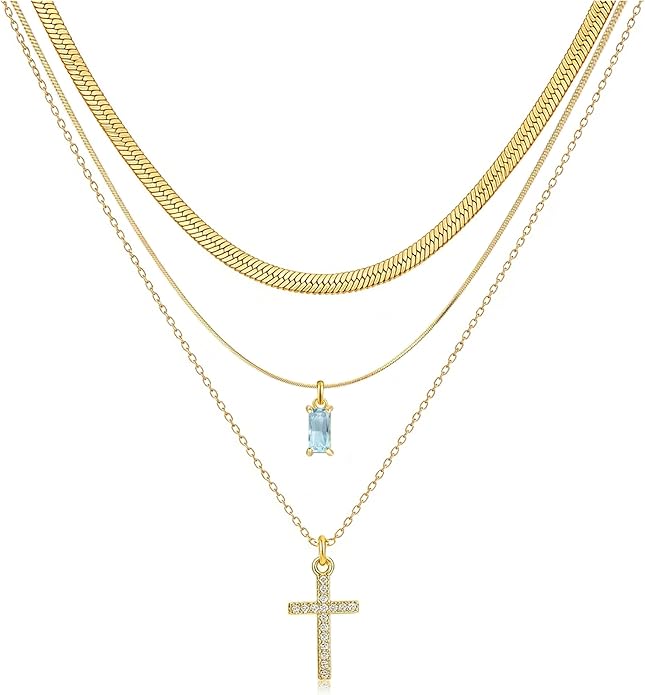 3Pcs Gold Layered Necklaces for Women, 14K Gold Plated Cross Necklace, Dainty Birthstone Necklace for Women, Herringbone Gold Necklaces Set, Stackable Women's Gold Pendant Necklaces Jewelry Set