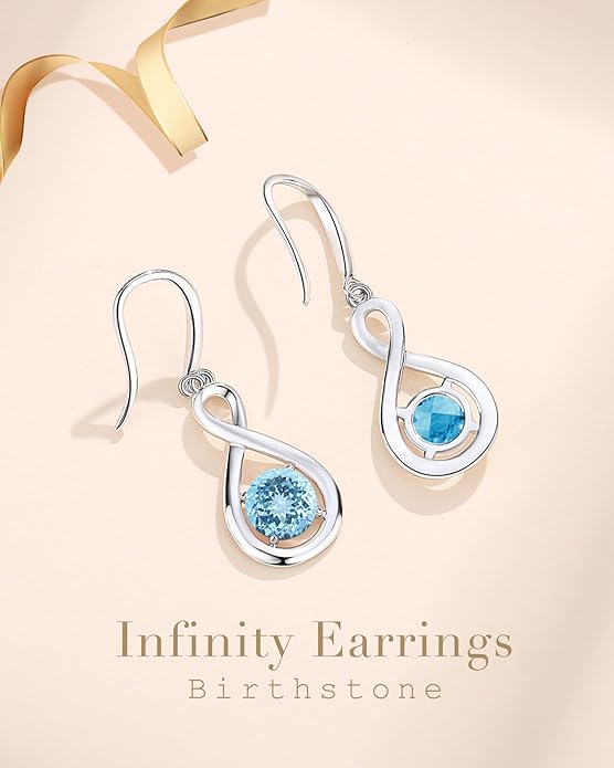 FANCIME Valentines Day Gift Dangle Drop Earrings 925 Sterling Silver Dainty Infinity Round Gemstone Birthstone Jewelry Birthday Gifts for Her Women