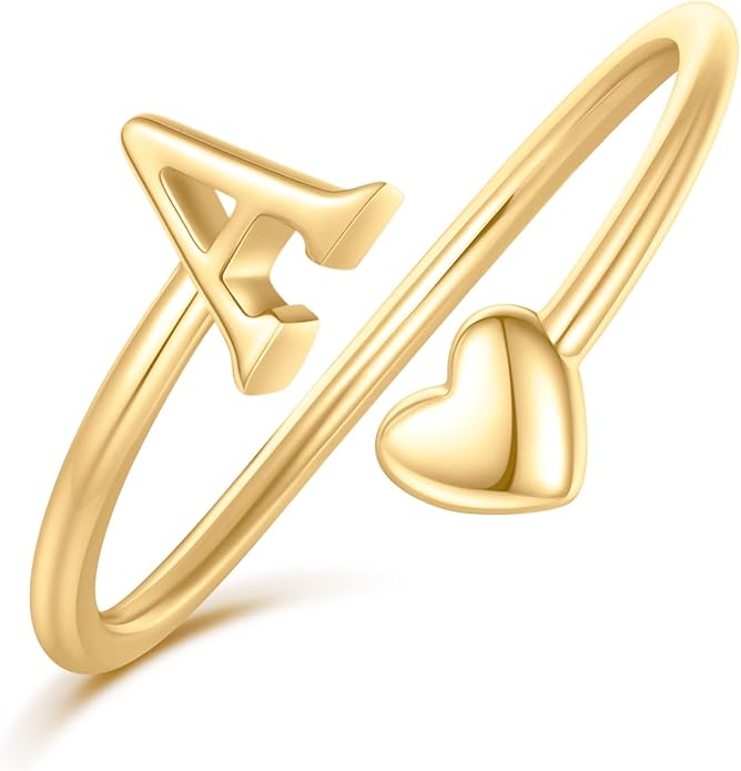 Initial Rings for Women Girls - Valentines Day Gifts for Her, Adjustable Rings for Women Non Tarnish Letter A-Z Dainty Heart Ring Teen Girls Gifts Trendy Stuff Personalized Jewelry Gift