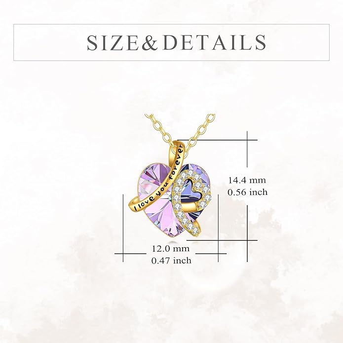 KECHO 14K Real Gold I Love You Forever Necklace Solid Yellow Gold Heart Birthstone Crystal Pendant Jewelry Birthday Mother's Day Anniversary Christmas Gifts for Women