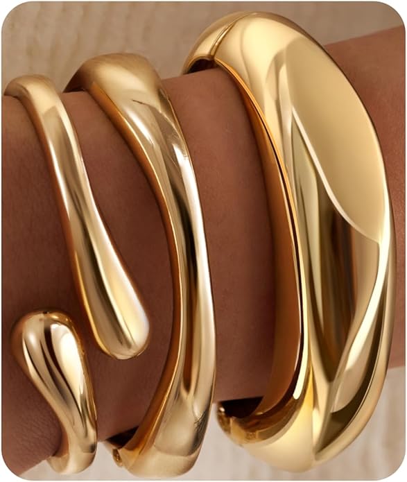 Chunky S925 Sterling Silver Plated Bangle Bracelets Stack for Women, Thick Statement Silver Plated Stackable Bangle Cuff Bracelets Set,Trendy Big Large Gold Bracelet Stacked Fashion Jewelry Gifts Non Tarnish