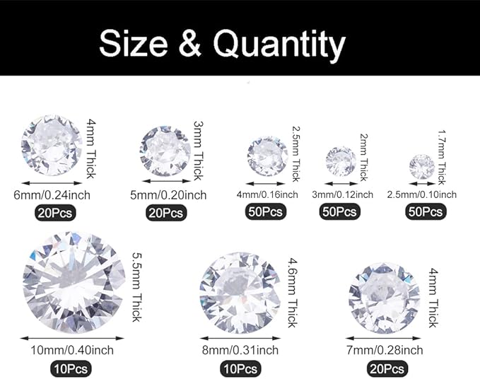 Fashewelry 230 pcs 8 Sizes Cubic Zirconia Cabochons Crystal Round Pointed Back Faceted Diamond Loose Stone 2.5mm/3mm/4mm/5mm/6mm/7mm/8mm/10mm for for Nail Art Replacing Jewelry