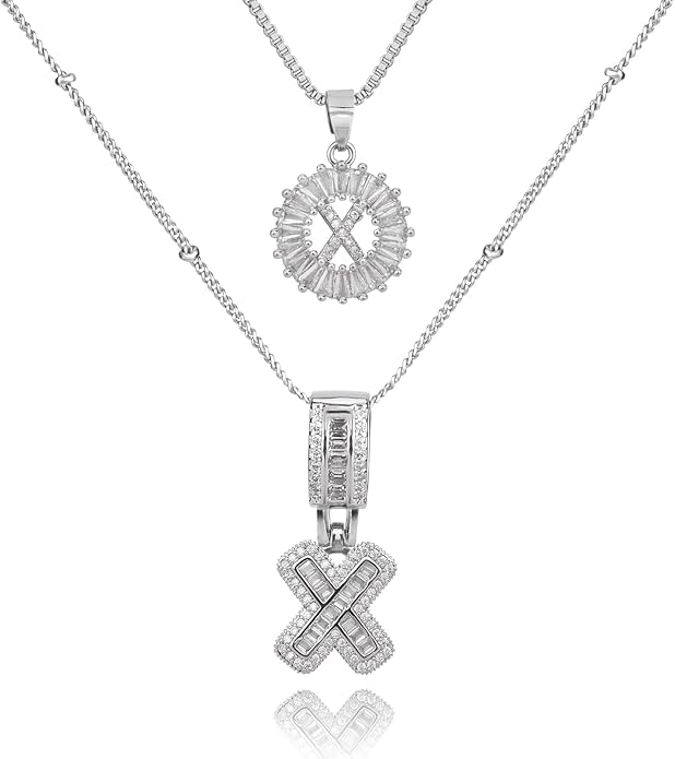 Initial Letter Necklace for Women 14k White Gold Silver Plated Dainty Necklaces Trendy Chunky Custom Layered Necklace Set Personalized Round Circle Zirconia A-Z Letter Chain Pendant Jewelry Gift