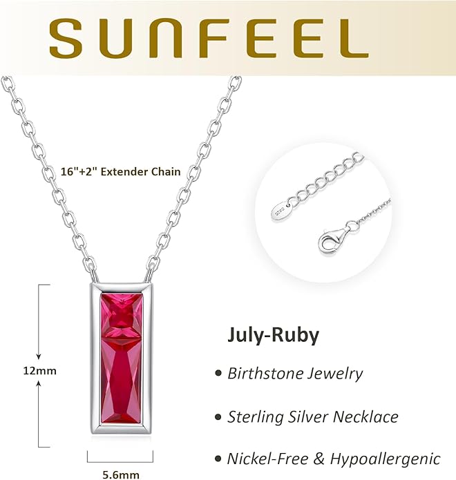 SUNFEEL Birthstone Necklace for Women, S925 Sterling Silver Necklaces with Square Cubic Zirconia Gemstone Necklace Women's Jewelry Anniversary Birthday Gifts for Women Mom Wife Her