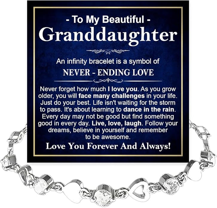 To My Granddaughter Bracelet from Grandma and Grandpa, Heart Chain Bracelet with Shiny Stones, Perfect Birthday or Graduation Christmas Gift for Granddaughter with Message Card and Gift Box